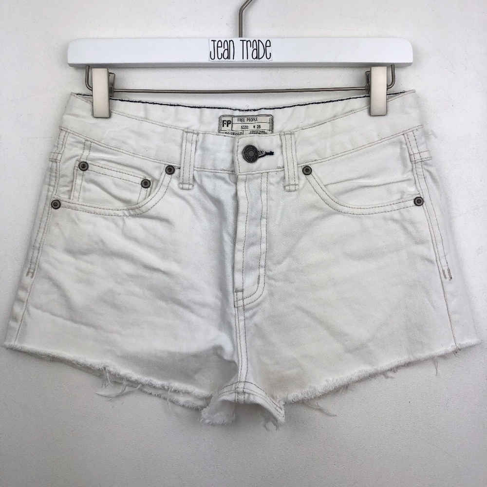 Free People White Denim Button Fly Cut Off Shorts